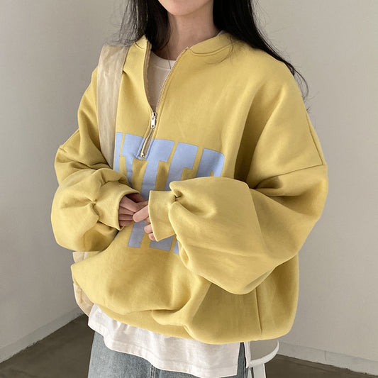 Contrast Color Letter Print Design Loose All-match Long-sleeved Sweater