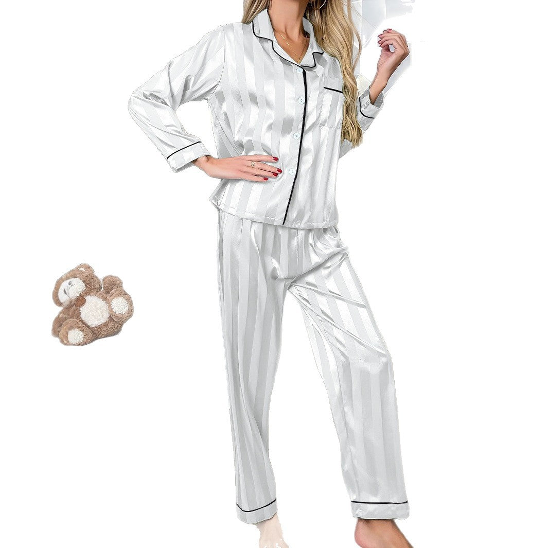 Cardigan Polo Collar Stripes Pajamas Women's Suit