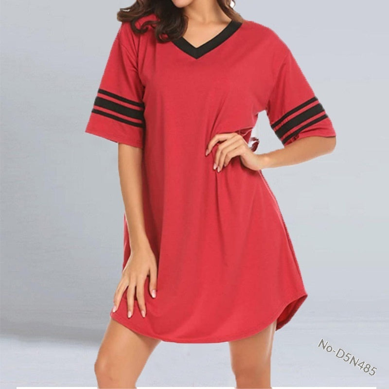 Stylish Color-Block V-Neck Long Casual Irregular Womens T-Shirt For Home Wear