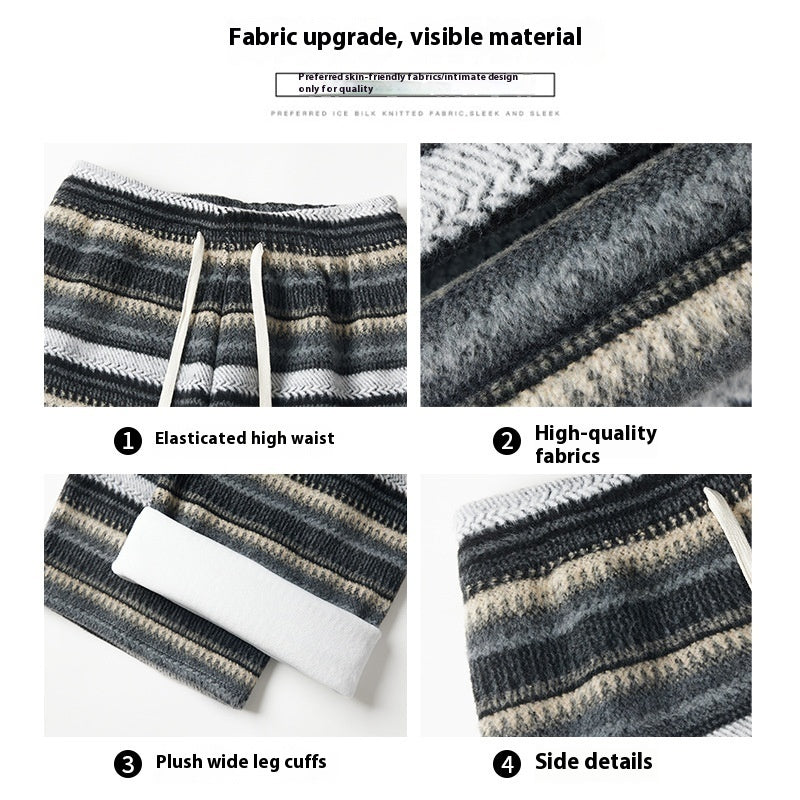 Woolen Striped Women's Wide-leg Pants Fallwinter Comfortable Retro