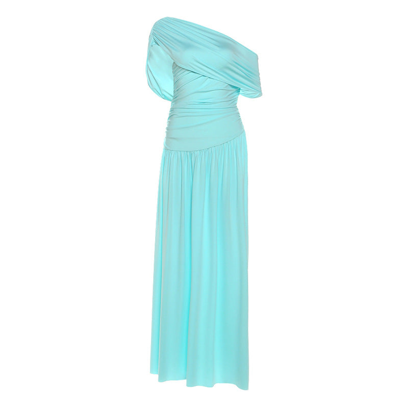 Elegant Off-the-Shoulder  Defined-Waist  Long  Solid-Colored Dress With A Slant Neckline