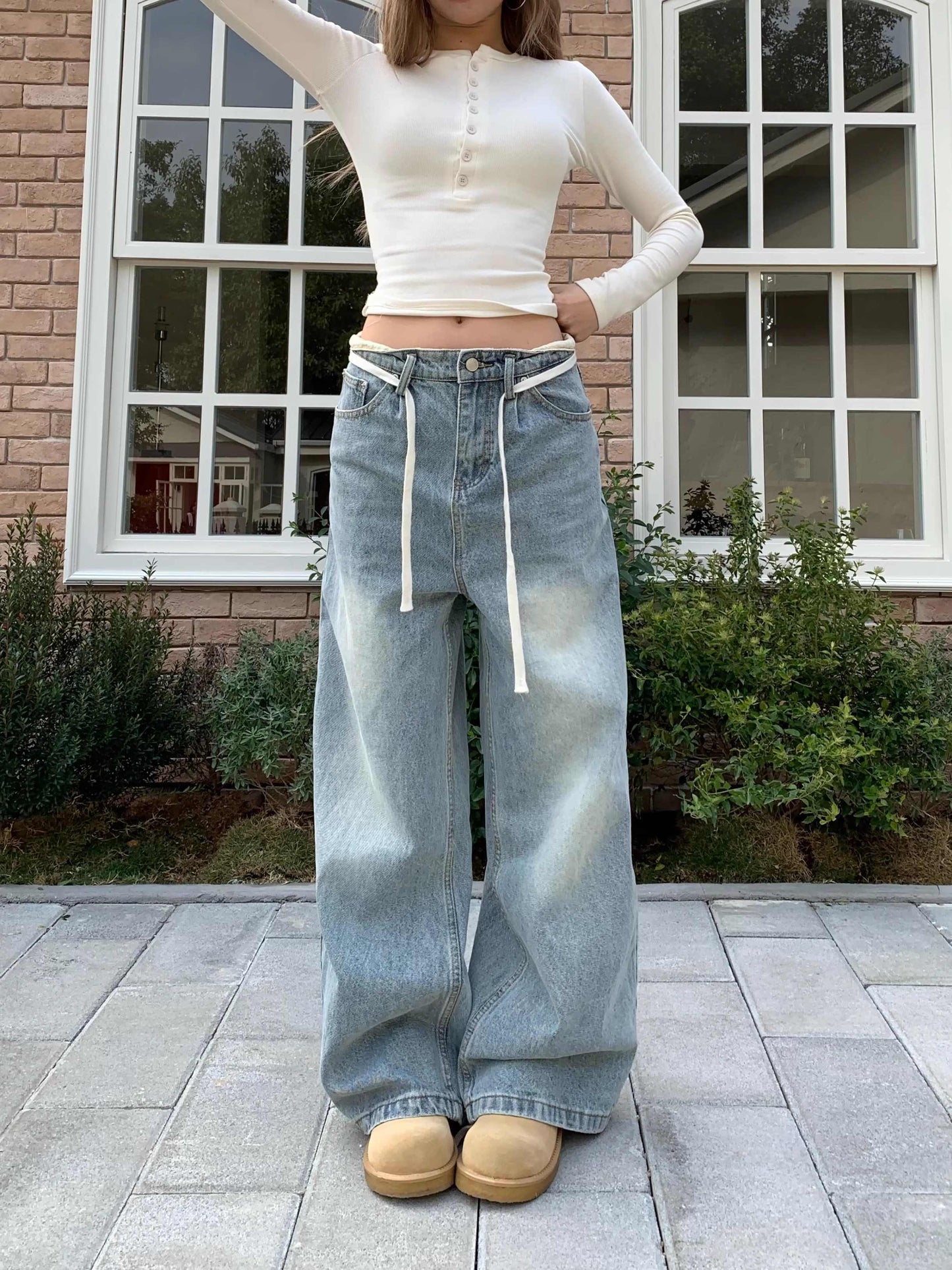 Vintage Jeans Straight White Washed Distressed Casual Pants
