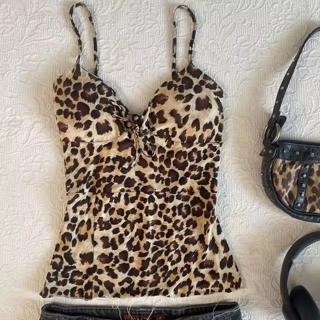 Bow Lace Trim Printed Sleeveless Tank Top