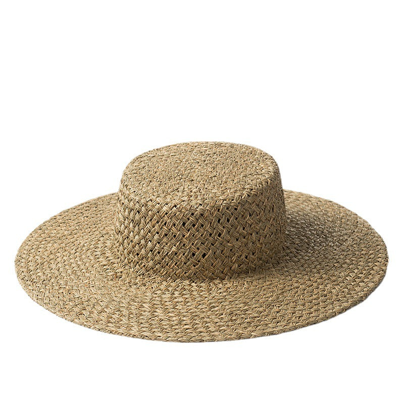 Handwoven seaweed flat top straw hat