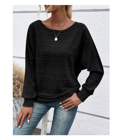 Ensfarvet Stribet Batwing-ærmer T-shirt Mode Casual Pullover Rund Hals Langærmet Top Forår Og Efterår Dametøj