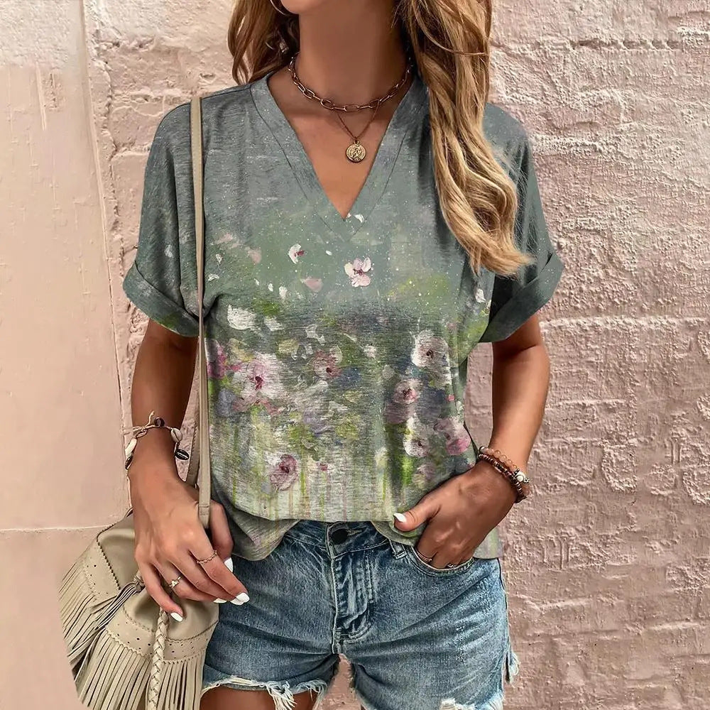 V-neck Fashion Shirt Summer Casual Clothes Over Plus Size T-shirt