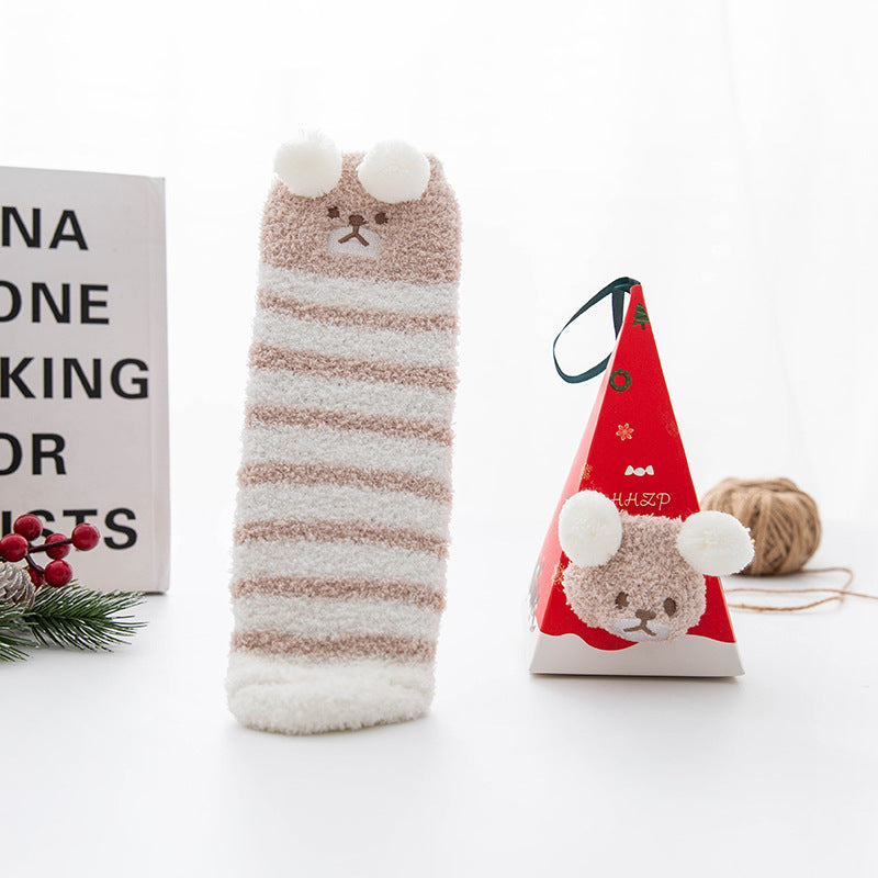 Christmas Stocking Triangle Boxed Coral Velvet Floor Socks Thickened