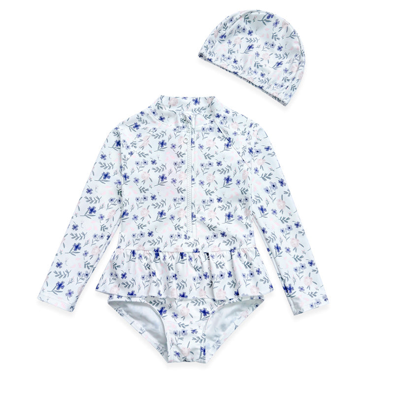 Girls' Long-sleeved Floral One-piece Swimsuit