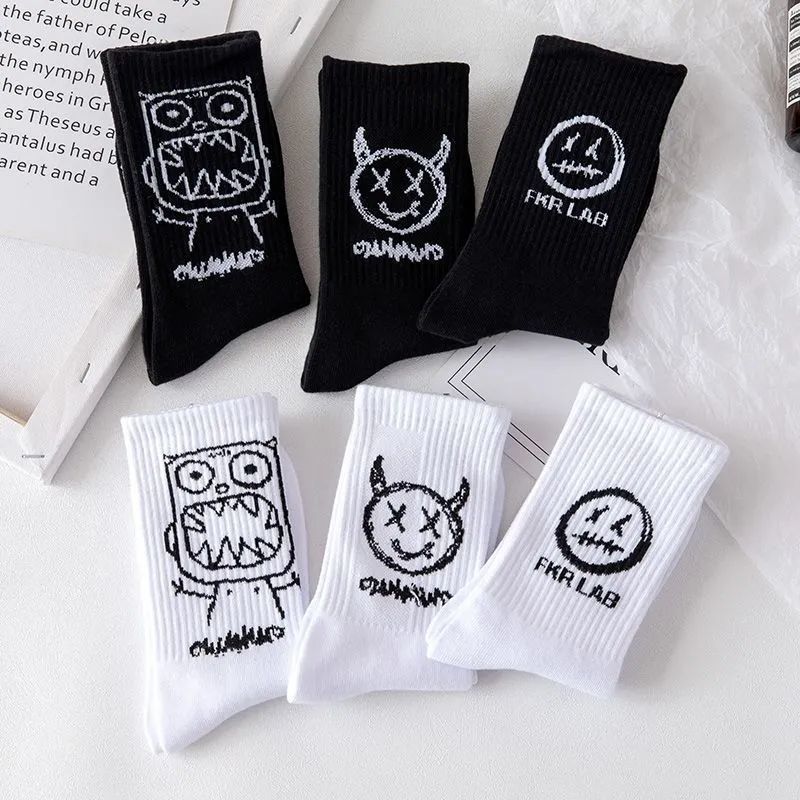 Emoji-filled Cotton Black-and-white Instagram-style Cartoon Hip-hop Quirky Long Socks For Couples