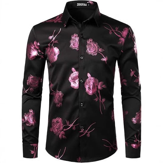 Golden Rose Print Slim Fit Long Sleeve Formal Wear Shirt