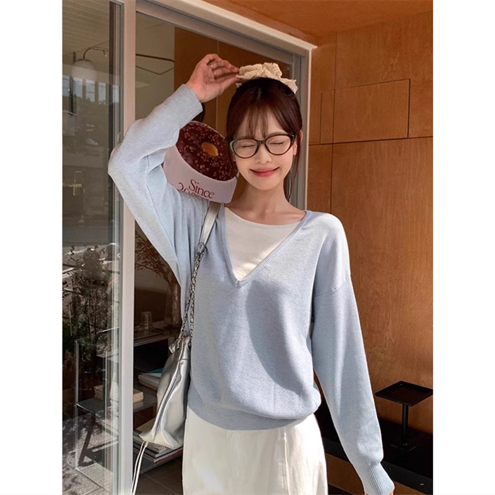 Christmas Atmosphere Contrast Colors False-two-piece V-neck Red Knitted Loose Sweater