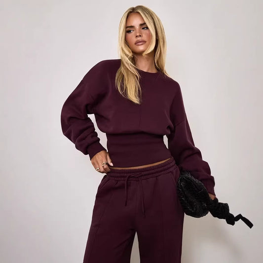 Women's Casual Sporty Long-Sleeve Drawstring Wide-Leg Pants Set