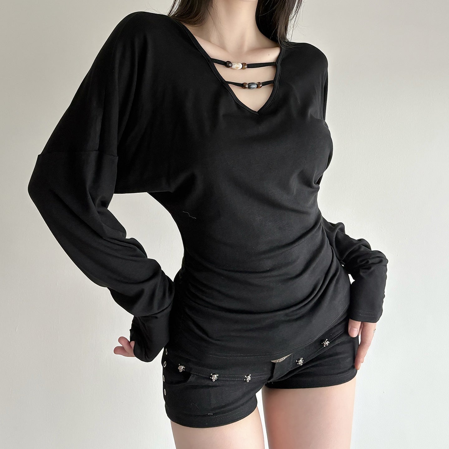 V-neck Beaded Waist-cinching Ruffled Slimming Casual Top