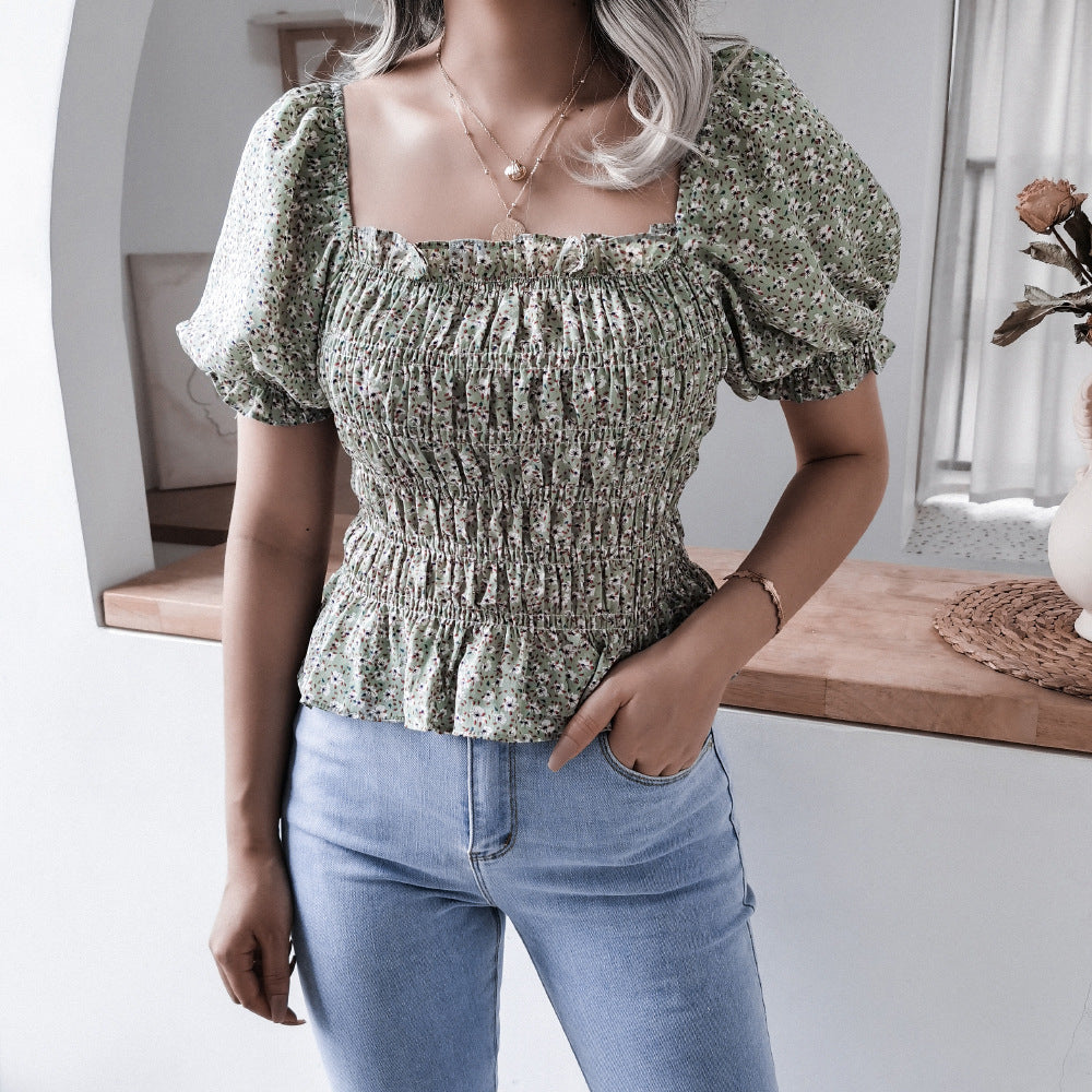 Square Neck Lantern Sleeve Ruffle Floral Chiffon Shirt Top