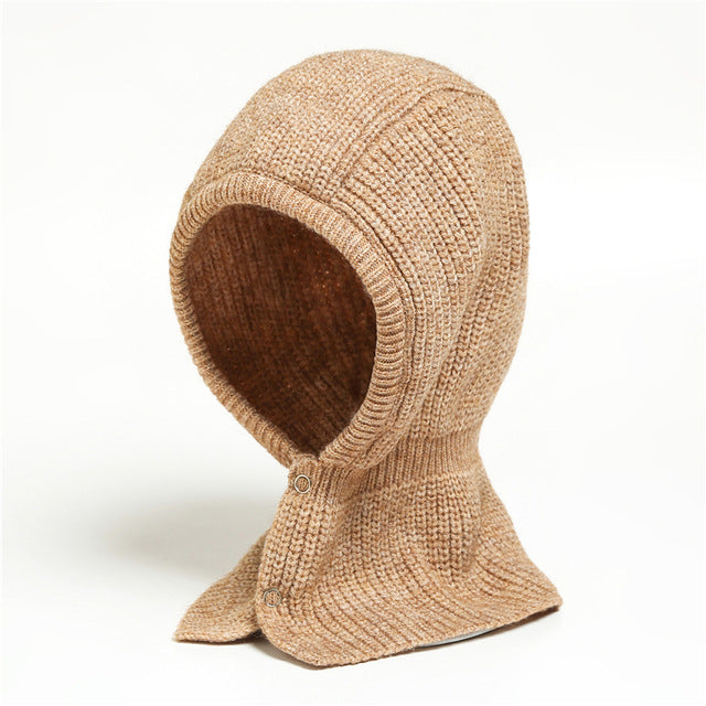 One Piece Warm Solid Button Wool Hat Neckband
