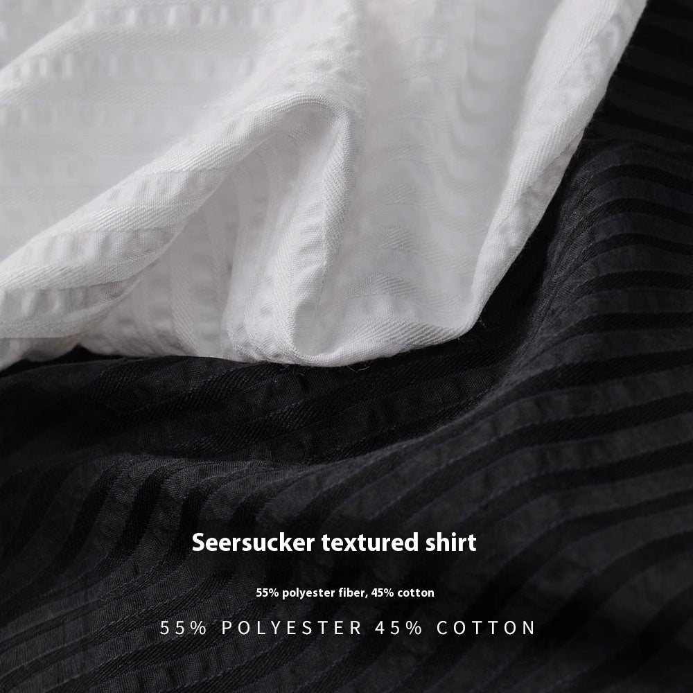 Anti-Wrinkle Seersucker Men's Black Texture Long Sleeve Casual Shirt