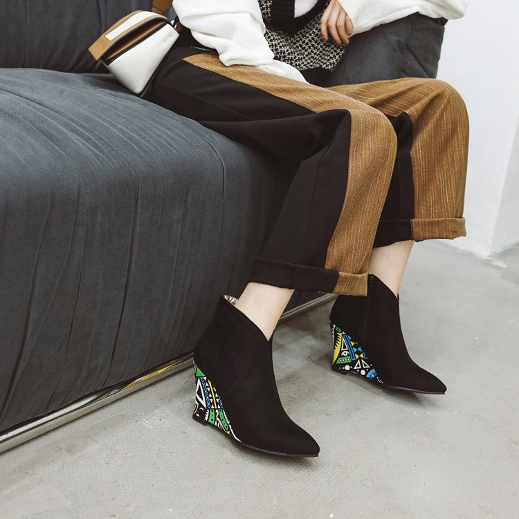 Winter Pointed Toe Wedge Heel Side Zip Floral Ankle Boots