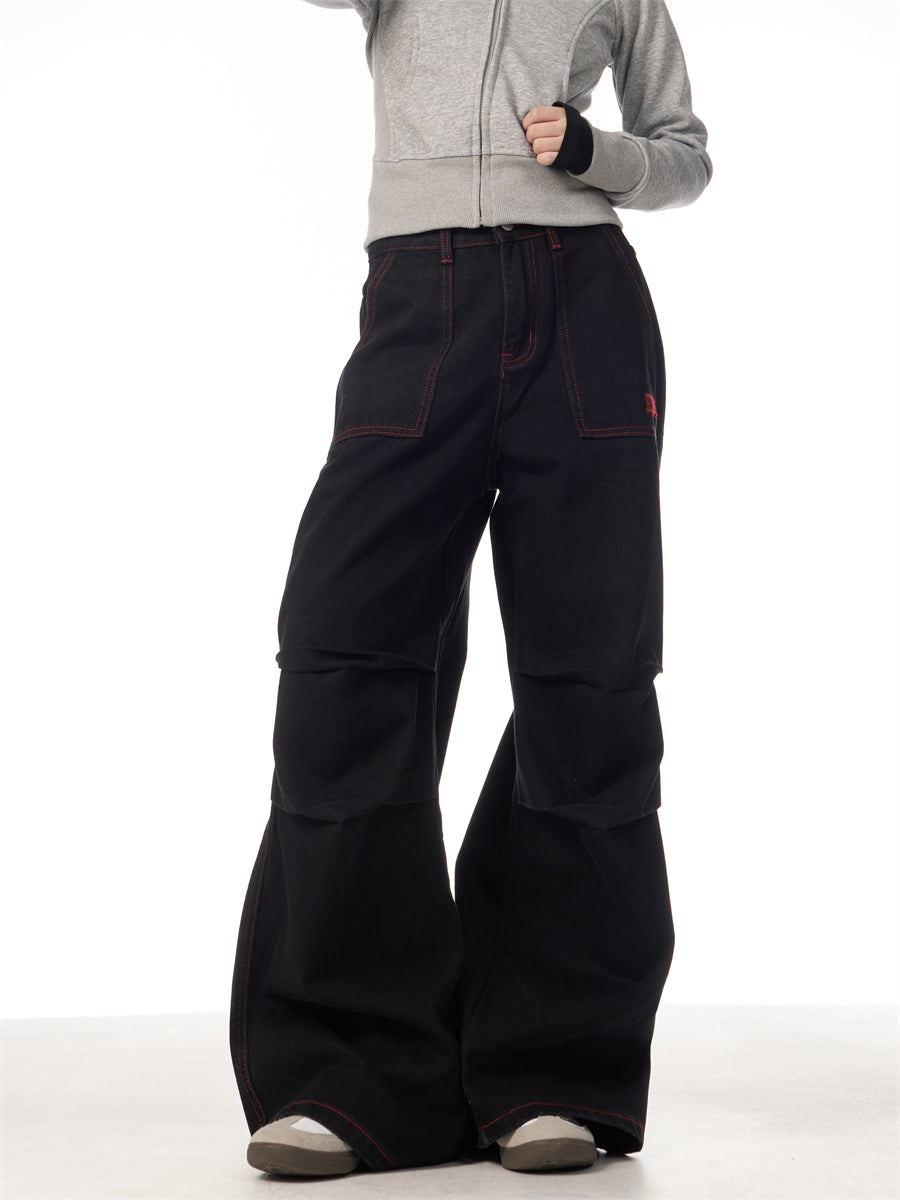 Contrasting Color Of Black And Red Workwear With Pocket Trousers