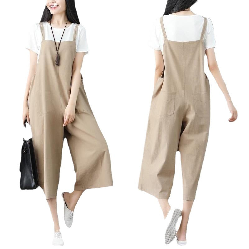Plus Size Loose Linen Jumpsuit Suspender Pants