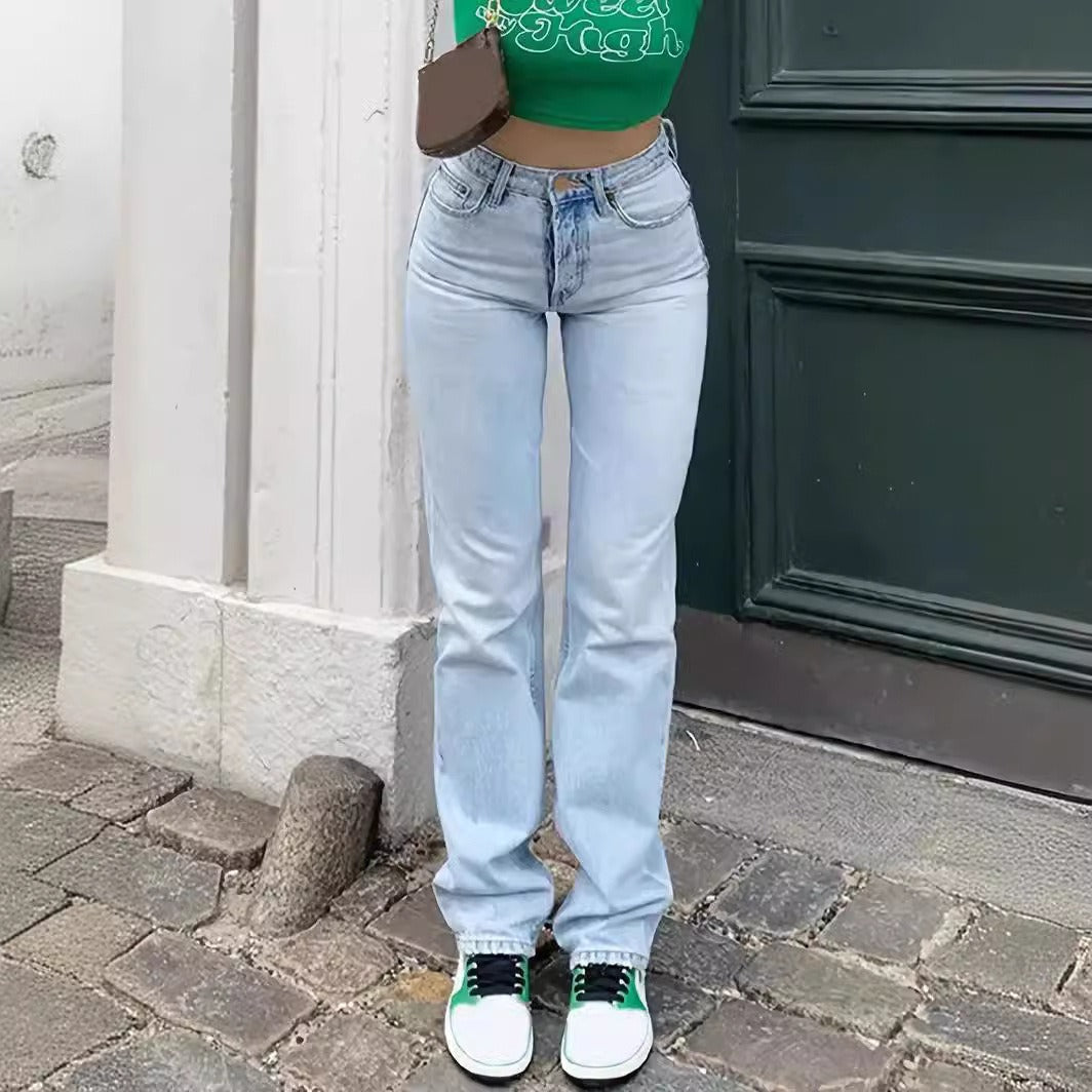 Dame Europa Og Amerika Grænseoverskridende Lyseblå Slim Fit Højtaljede Stretch Jeans