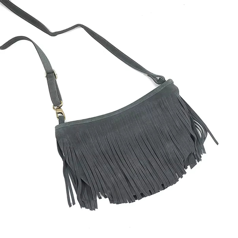 Women's Genuine Leather Suede Fringed Shoulder Bag - Fashionable Boho Chic Pouch for Street Style and Casual Outings