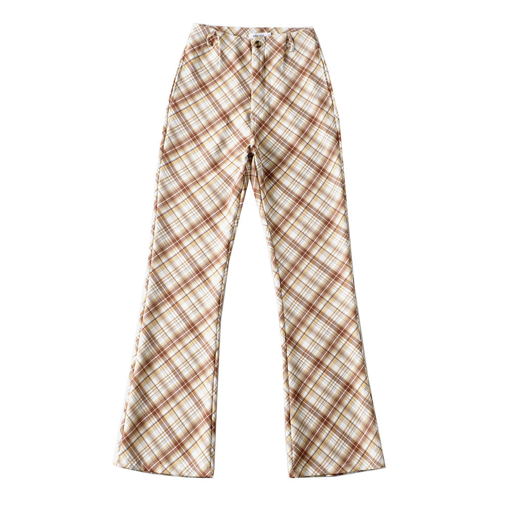 American Retro Flared High Waist Plaid Pants