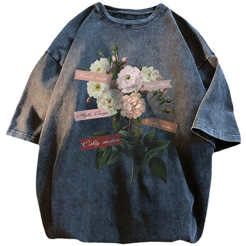 Flower Print Couple Ins Half Sleeve T-shirt