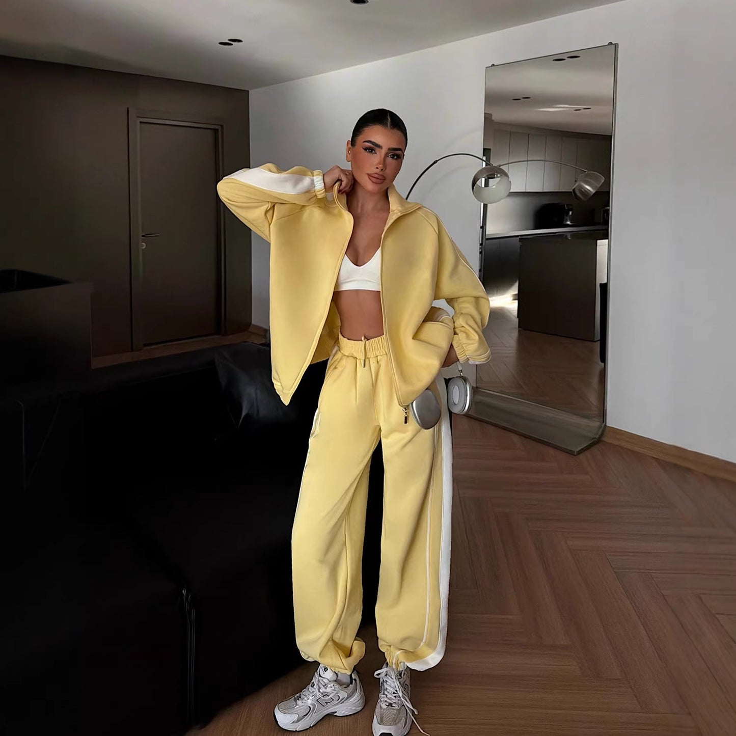 Womens Fashionable Striped Color-Block Zip-Up Cardigan And Pants Set