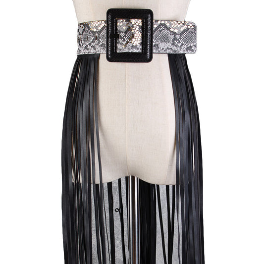 Fringed Belt Wild Snakeskin Pattern Decorative Girdle