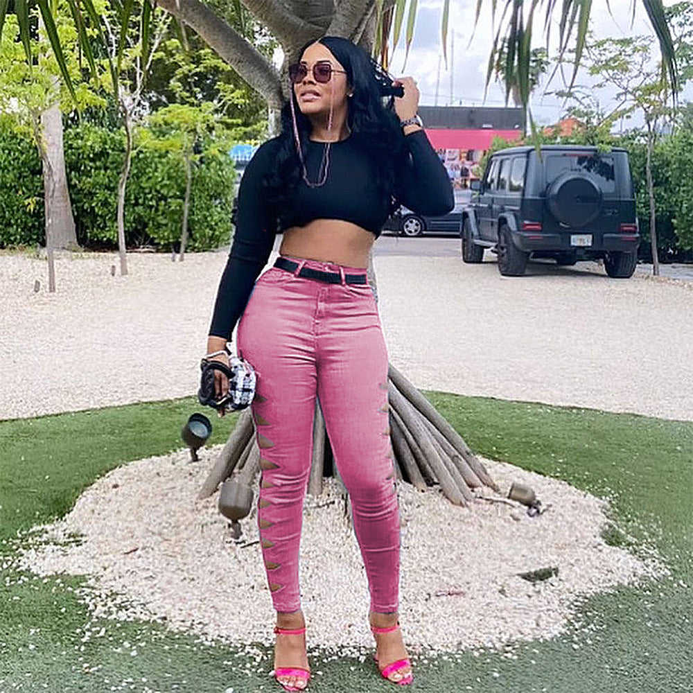 Fashion Casual Solid Color Ripped Jeans