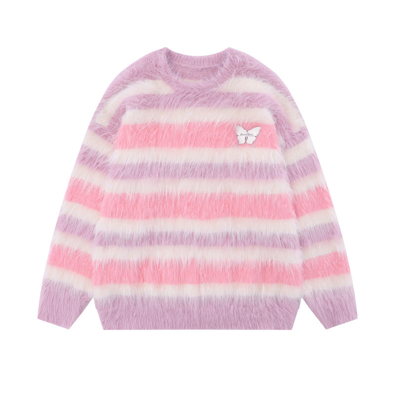 Contrast Color Striped Round Neck Sweater For Men And Women