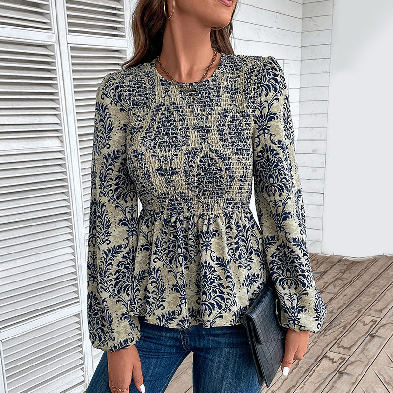 Dame Top Smock Detalje Slim Fit Rund Hals Lange Ærmer Printet