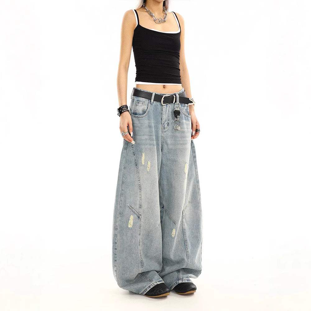 Retro Washed Distressed Loose Straight-leg Wide-leg Pants