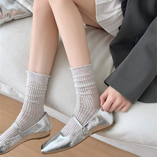 Solid Color Rib Fabric Wooden Ear Lady White Tube Bunching Socks