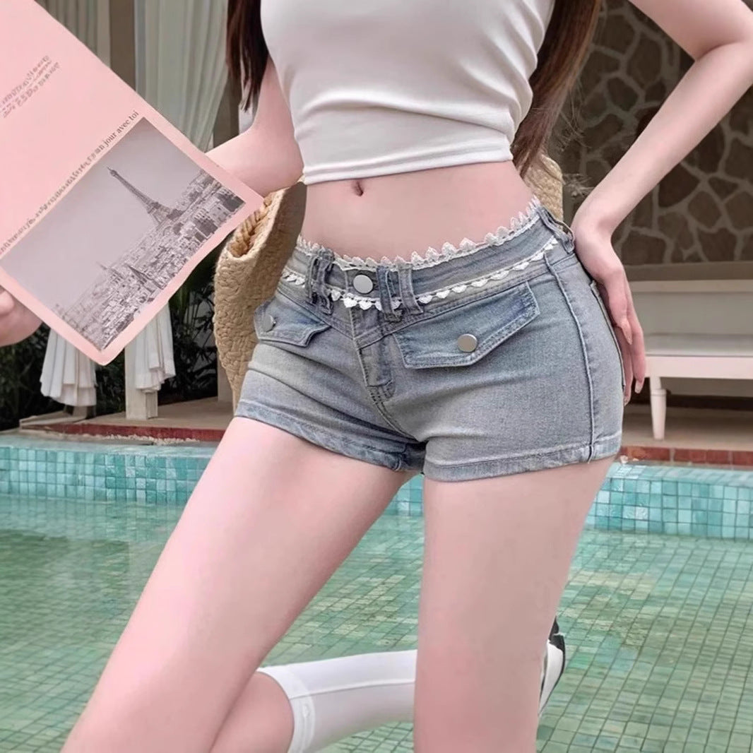 French Lace-Trimmed Hip-Fitting Denim Shorts