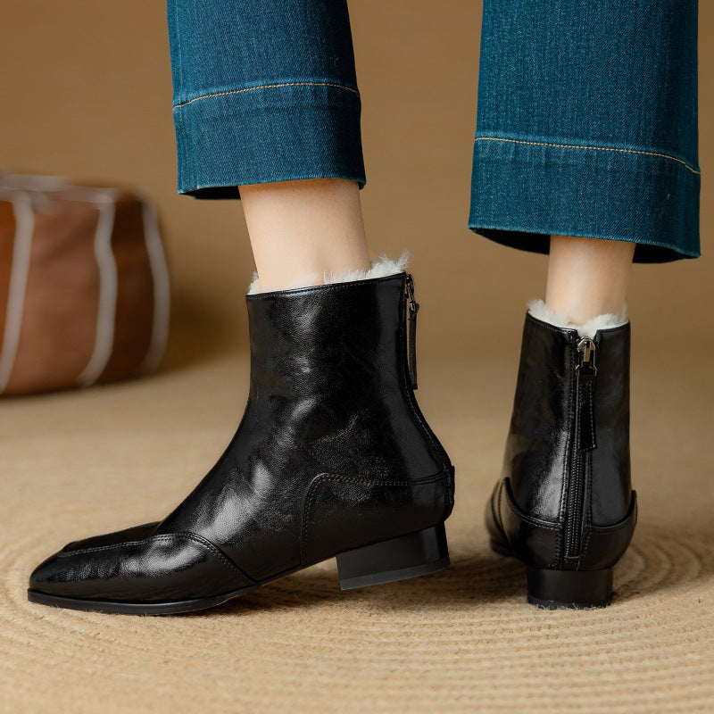 Women's Cowhide Square-toe Warm Fleece-lined Thick Wool Short Boots