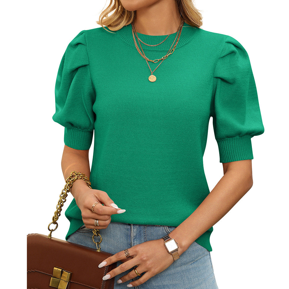 Womens Casual Crew-Neck Puff-Sleeve Sweater In Solid Color With Short Sleeves