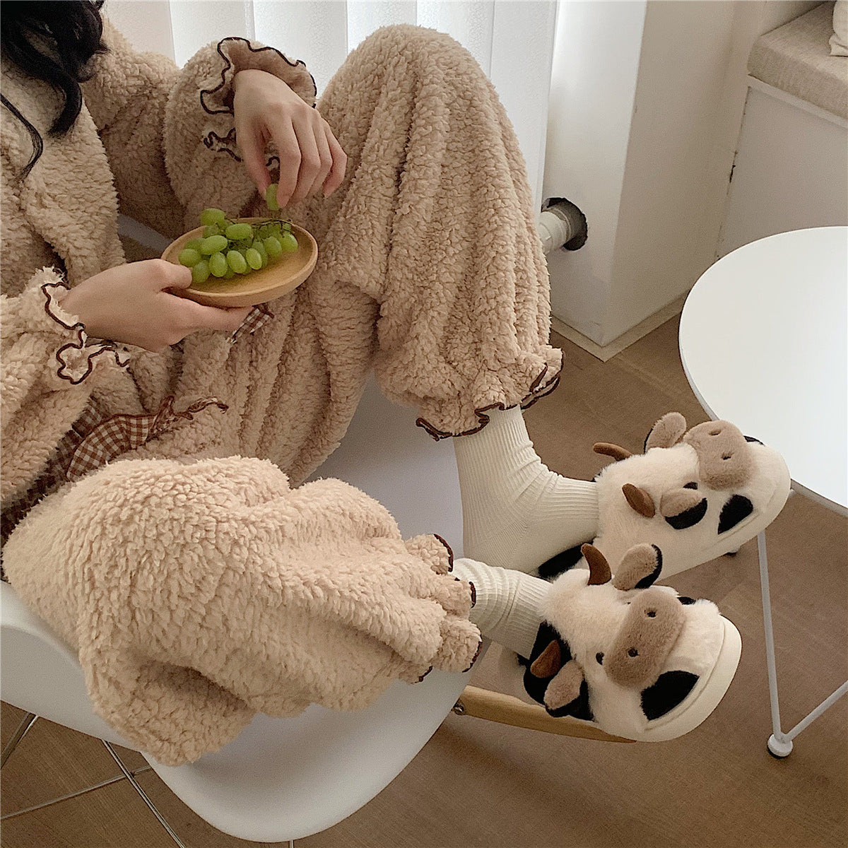 Cartoon Cow Warming Woolen Cotton Slippers Women