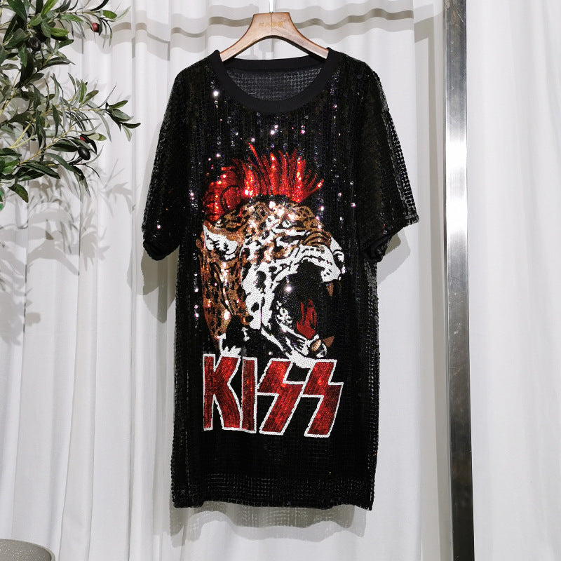 Letter Sequin Loose Short Sleeve T-Shirt Women's Sequin Top