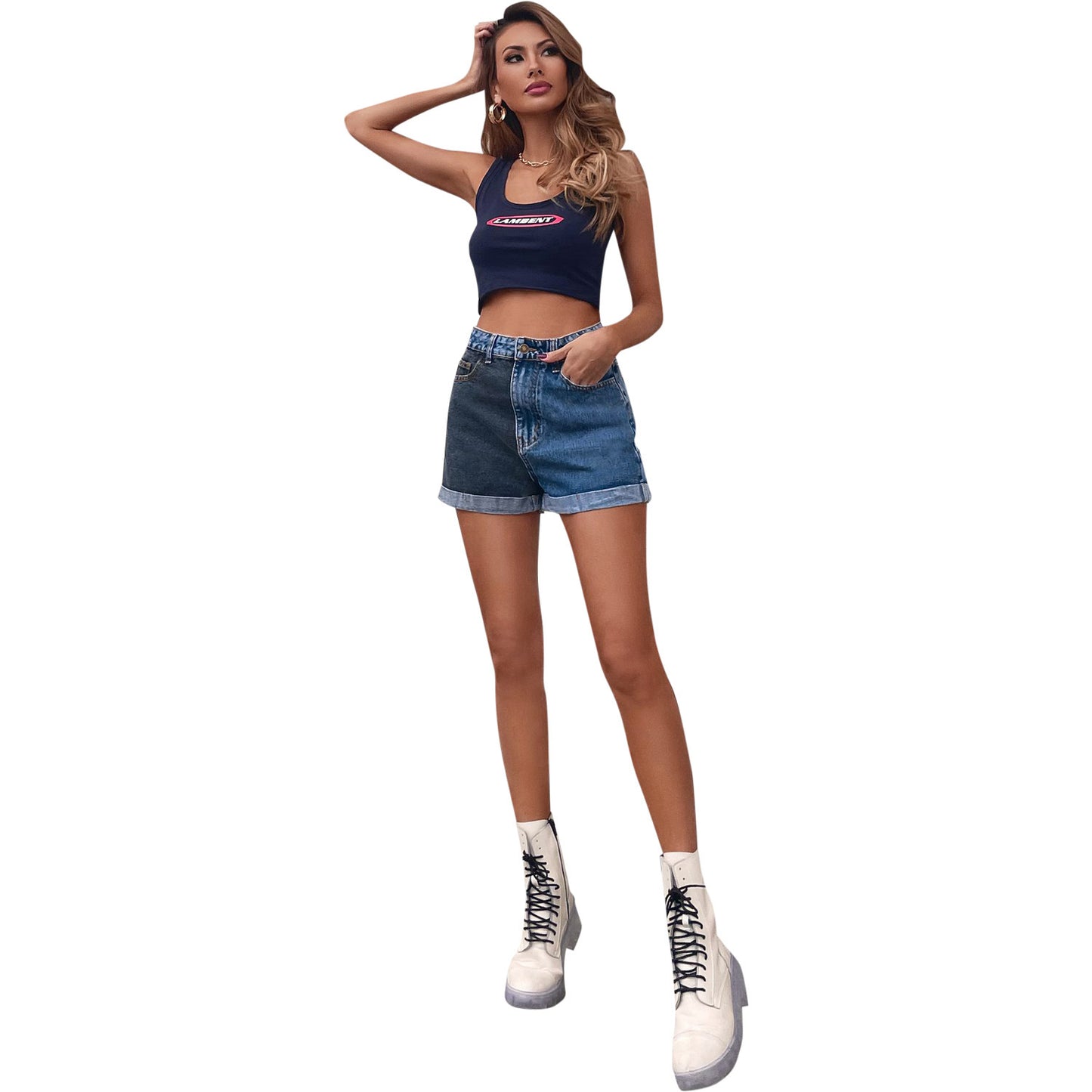 Fashion Loose Colorblock Denim Straight Shorts