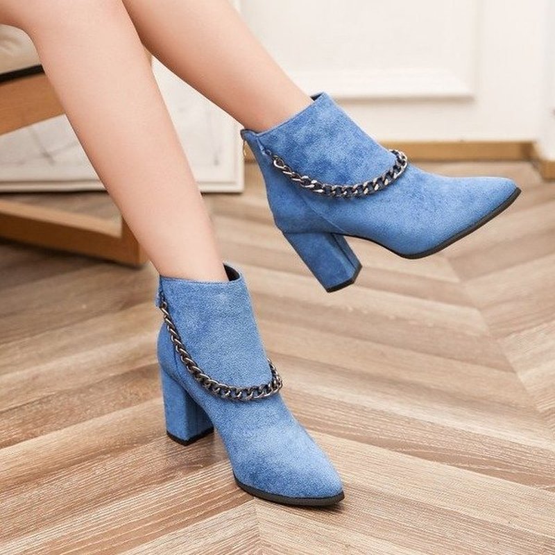 New Short Tube Pointed Toe Suede Thick Heel High Heel Metal Chain Zipper Martin Boots