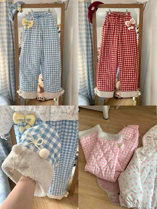 Korean Style Floral Insulation With Thick Fleece And Cotton Pants For Women
