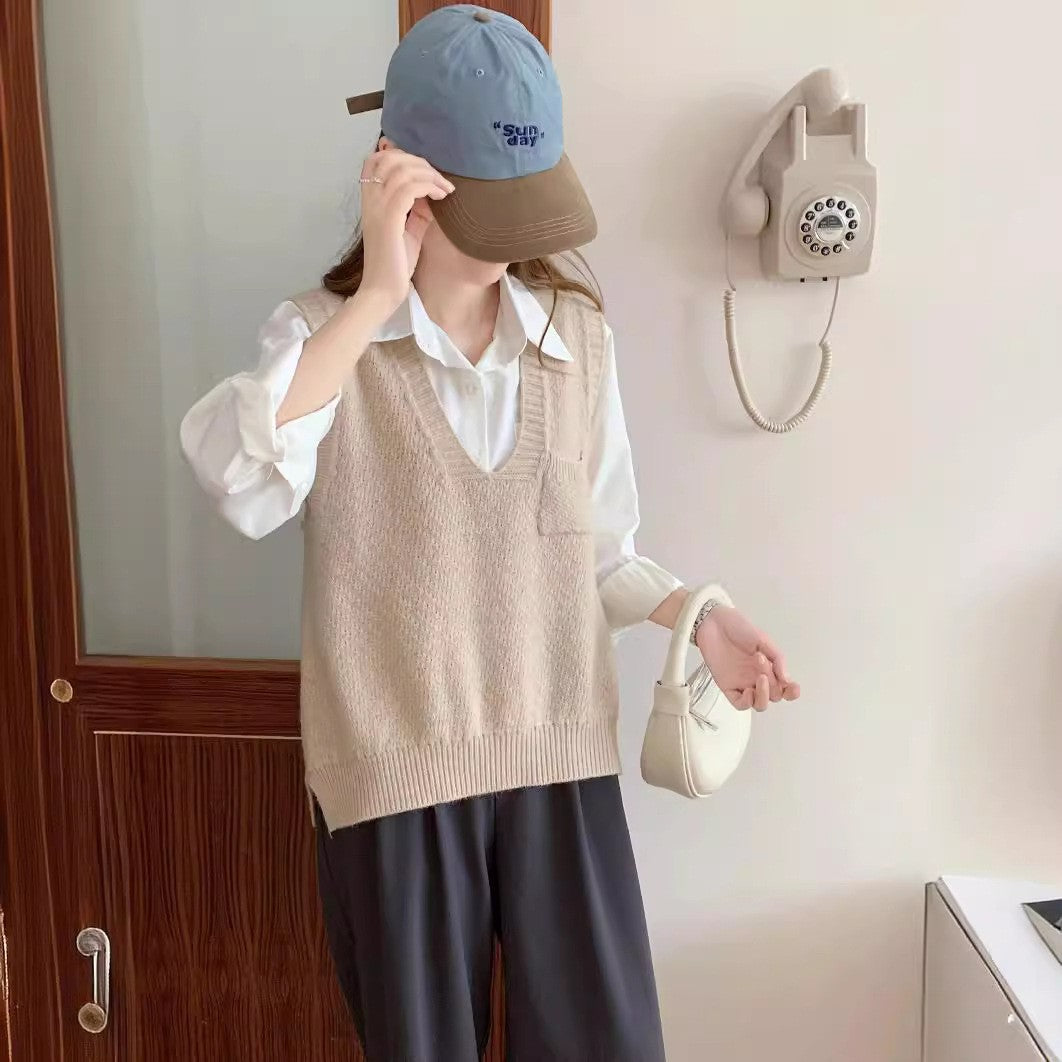 Casual  Girly Style Pocket V-neck Sleeveless Vest