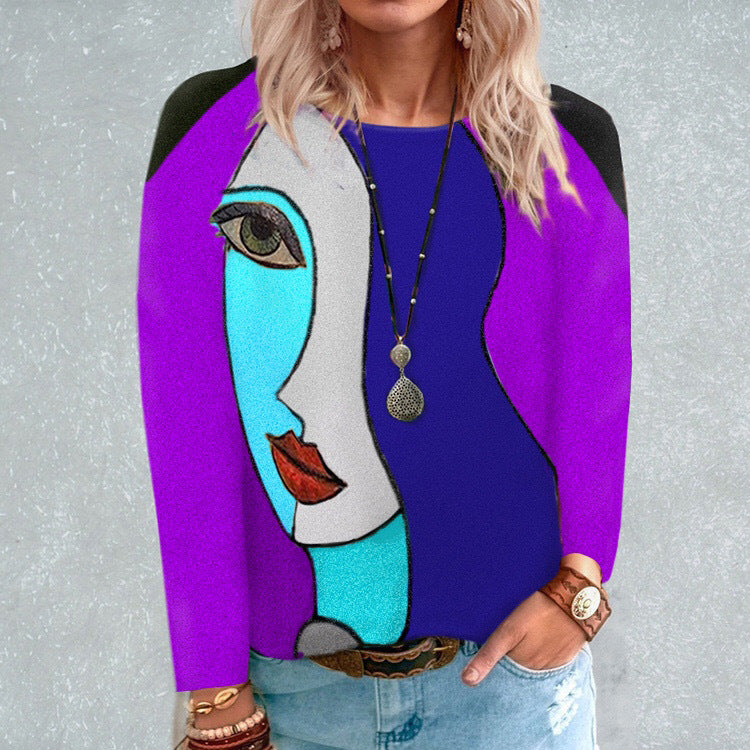 Fashion Loose Round Neck Face Print Long Sleeve Women's T-Shirt