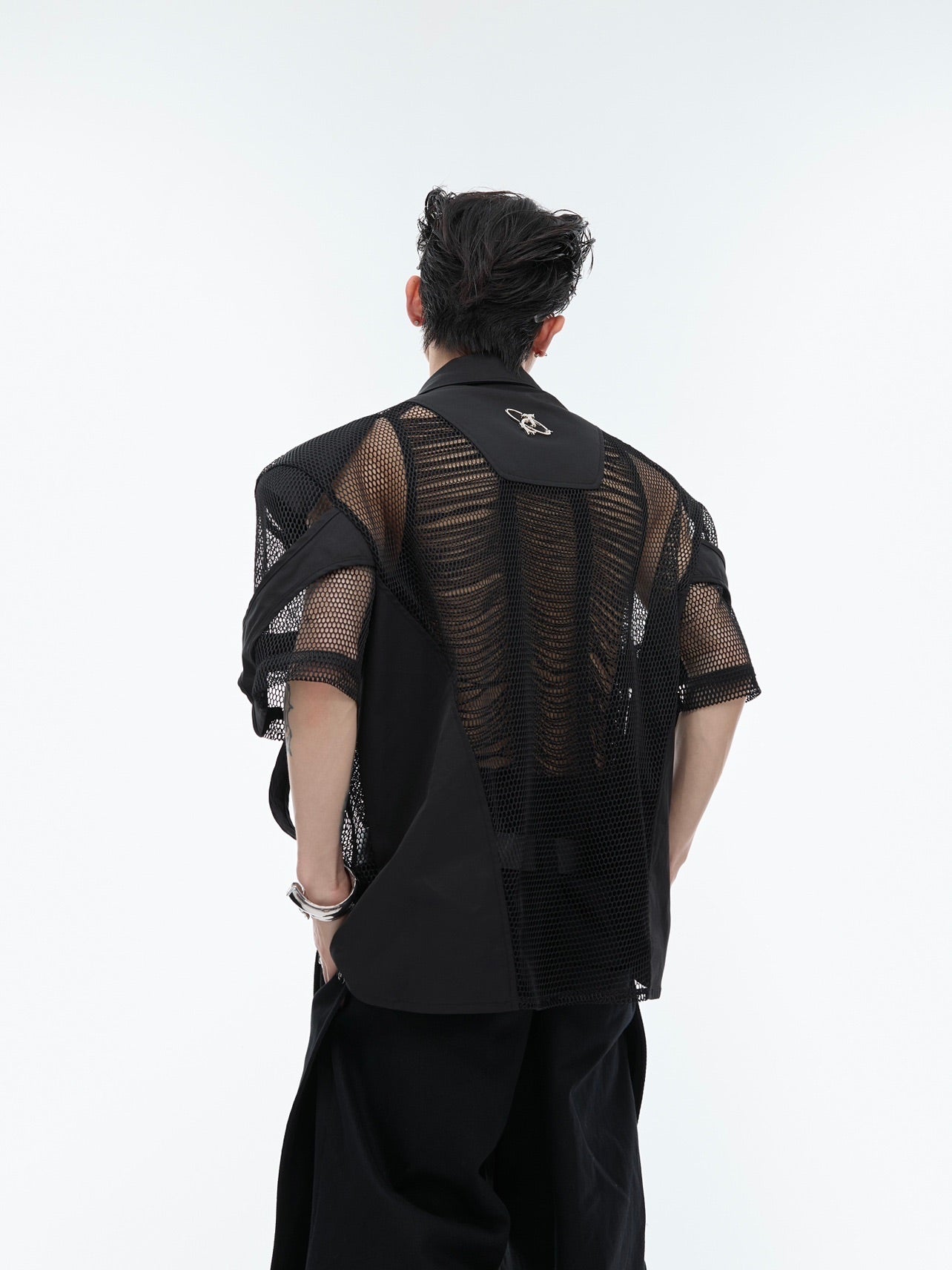 Hollow Mesh Short-sleeved Shirt Double-layer Stitching Loose T-shirt Coat
