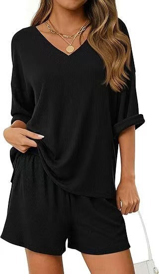 Womens Casual Commuter Two-Piece Set Short-Sleeve T-Shirt And Cropped Shorts