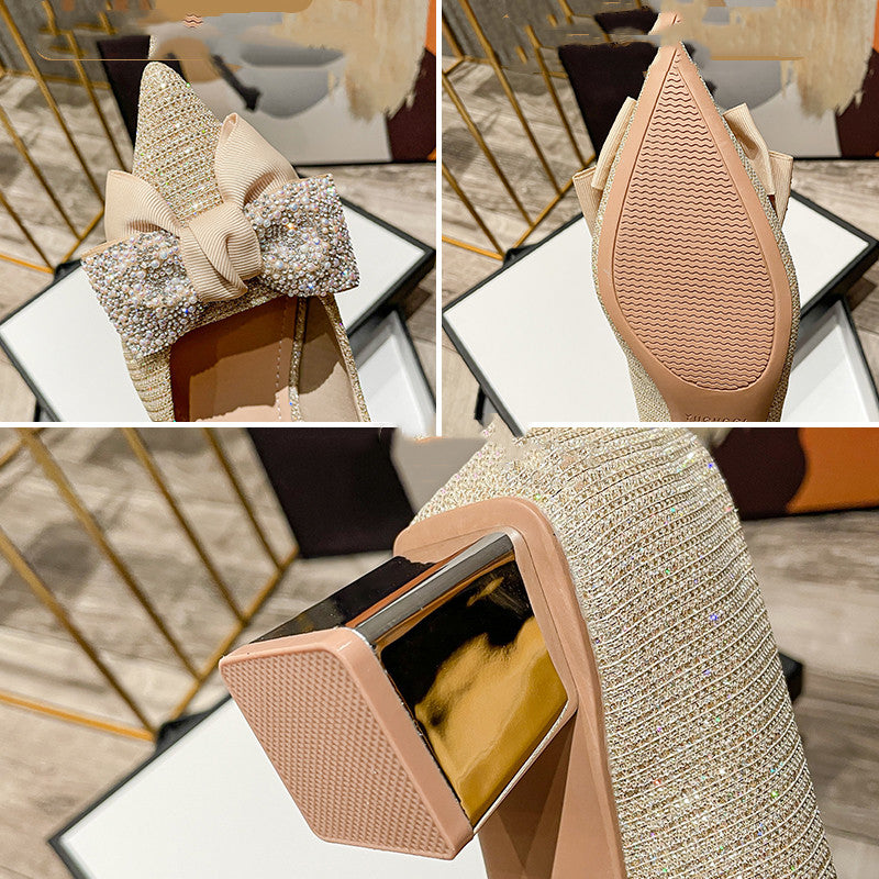 Women's Chunky High Heel Bow Pointed Toe Shoes