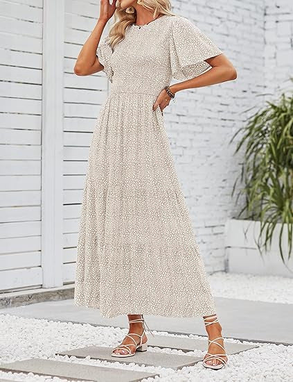 Women's Short-Sleeve Crew-Neck Bohemian Beach Dress