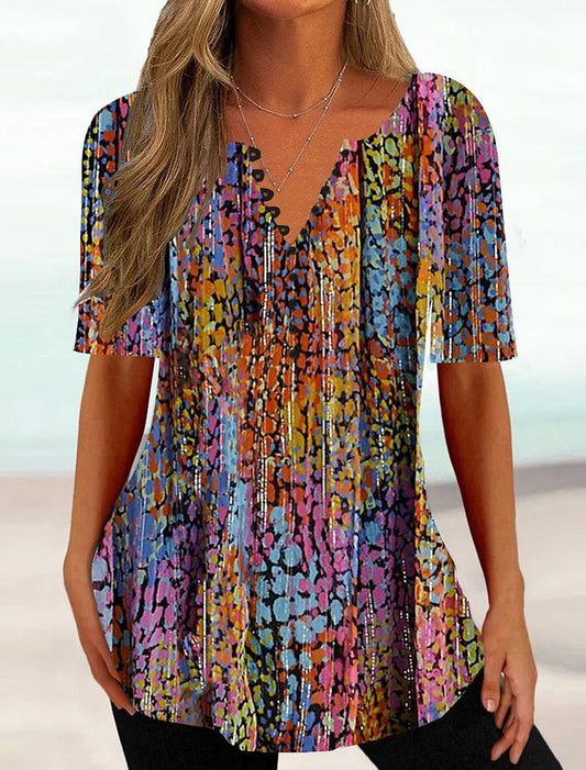 Printed V-neck Button Short Sleeve