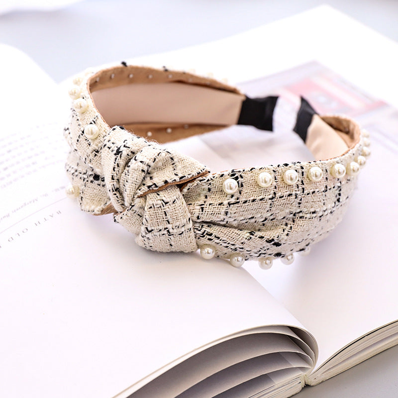 Pearl Headband Classic Ethnic Plaid Fabric